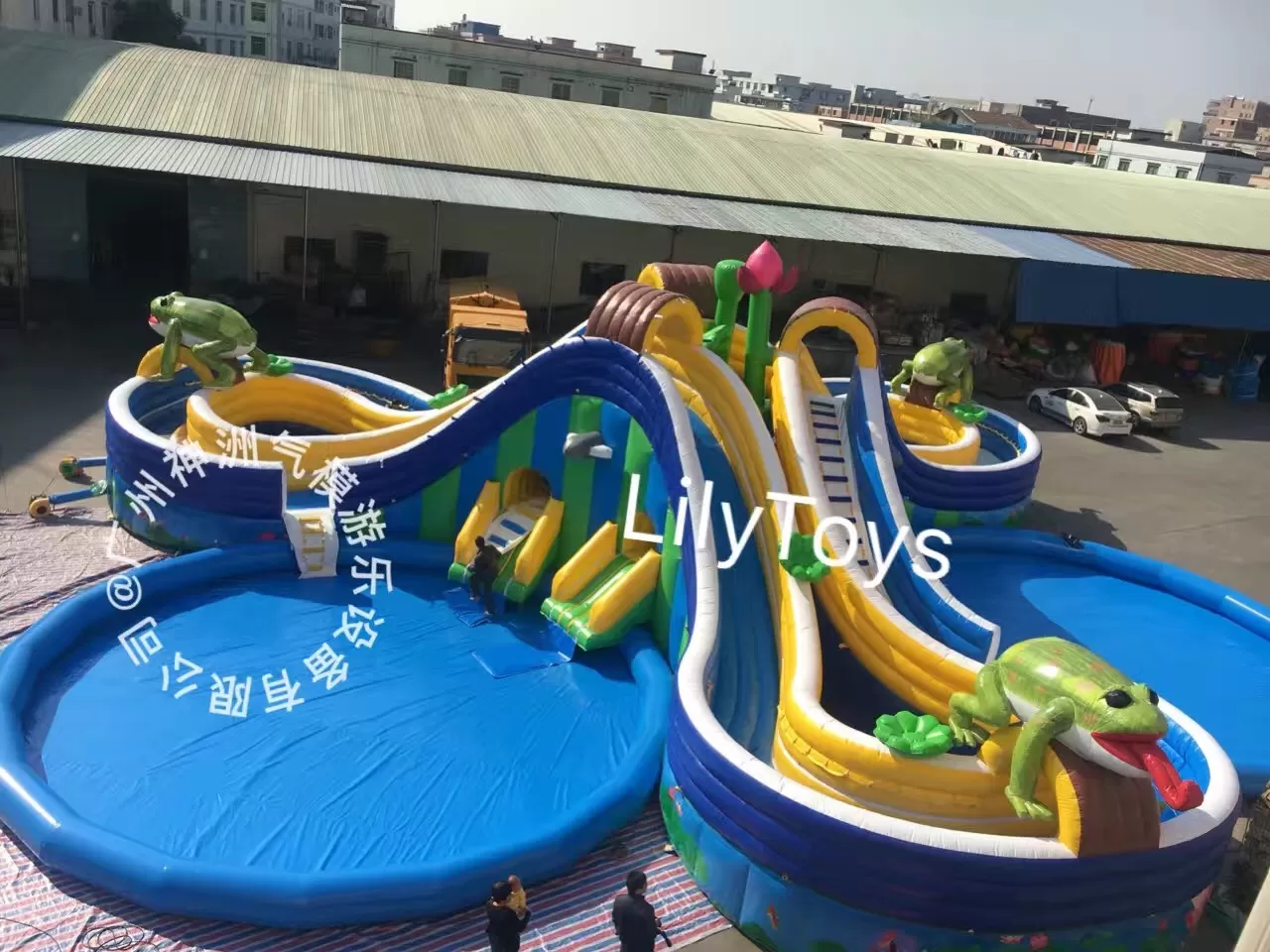 frog inflatable water park with 3 pools