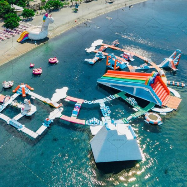 big floating water park aquatic park on the beach