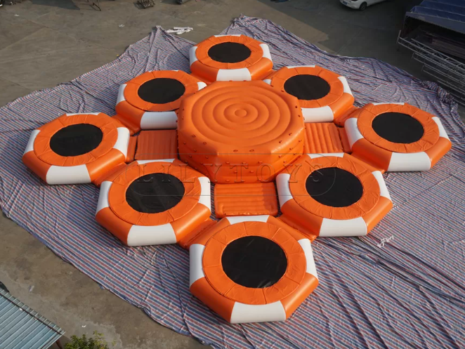 Inflatable floating trampolines