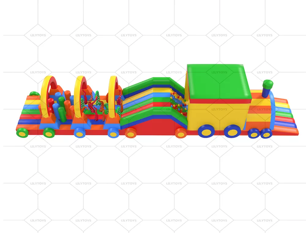 colorful train inflatable tunnel obstacle course