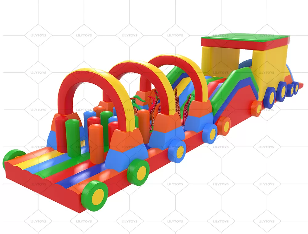 colorful train inflatable tunnel obstacle course
