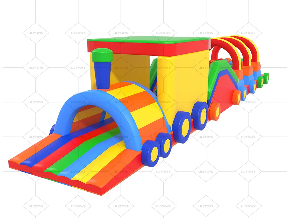 colorful train inflatable tunnel obstacle course