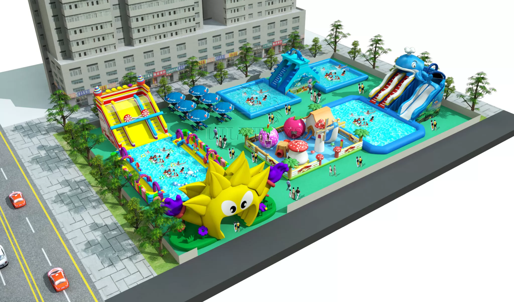 inflatable mobile water park on the ground