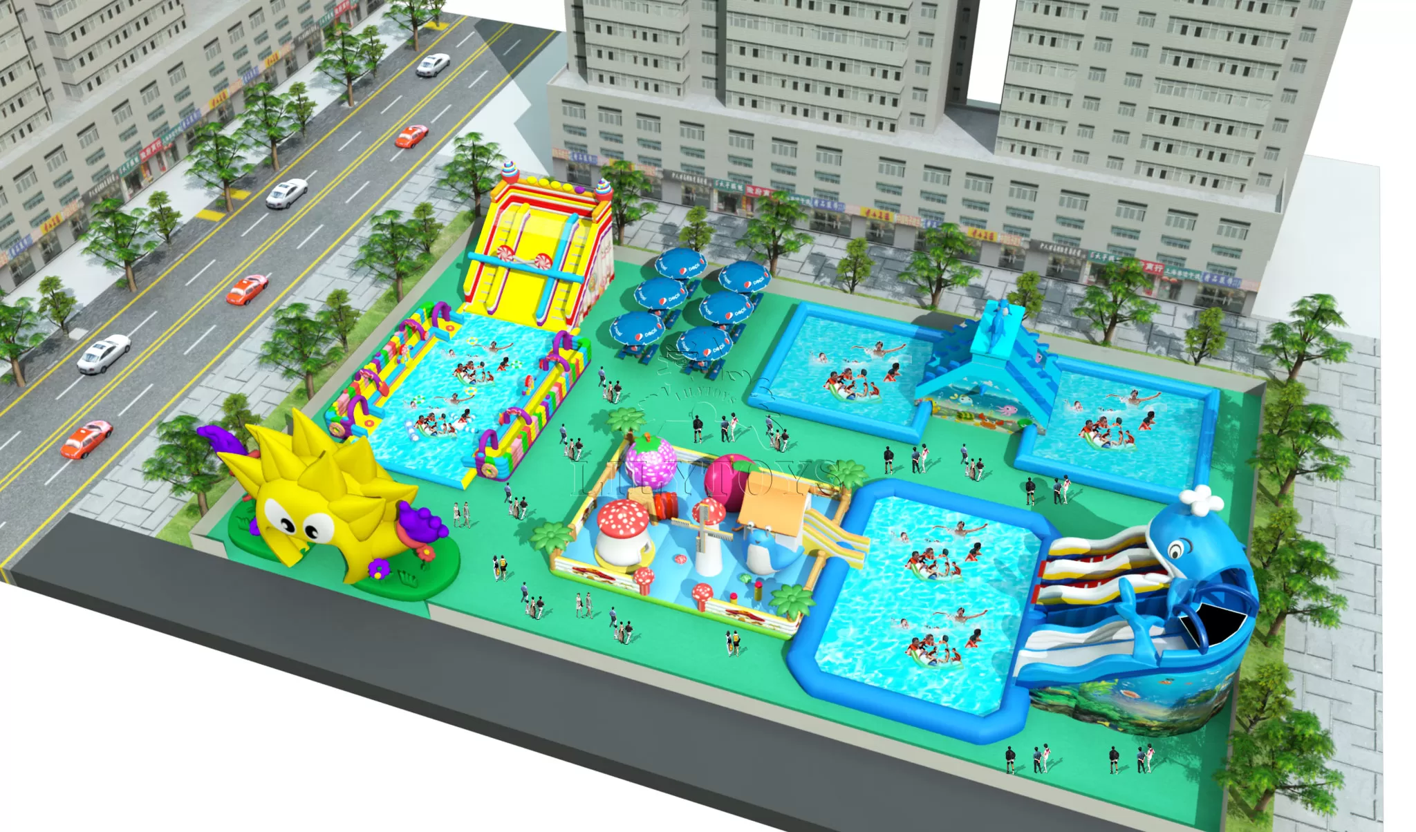inflatable mobile water park on the ground