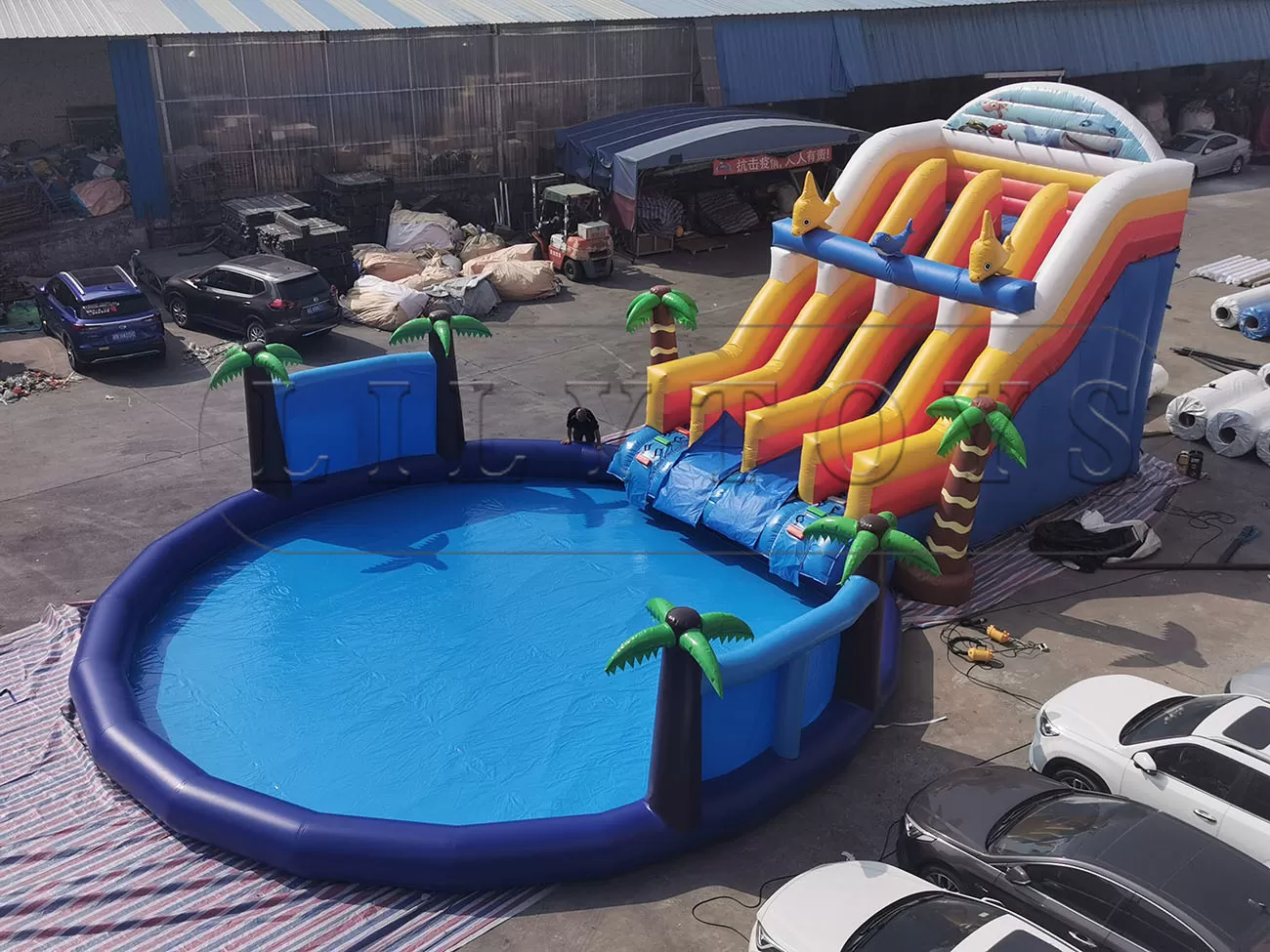 tropical jungle inflatable water park slide with pool