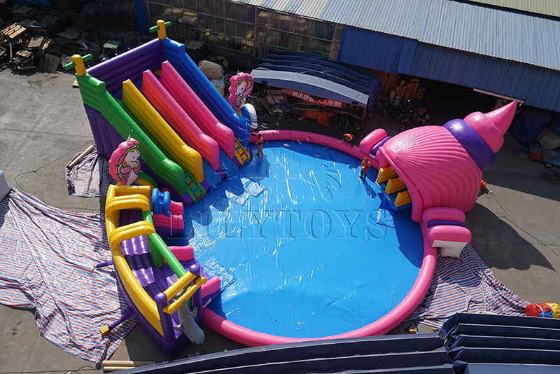inflatable unicorn water park with pool for kids and adults