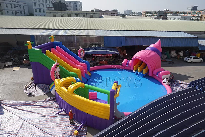 inflatable unicorn water park with pool for kids and adults