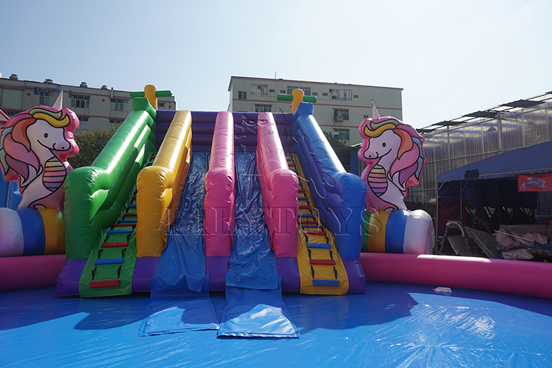 inflatable unicorn water park with pool for kids and adults