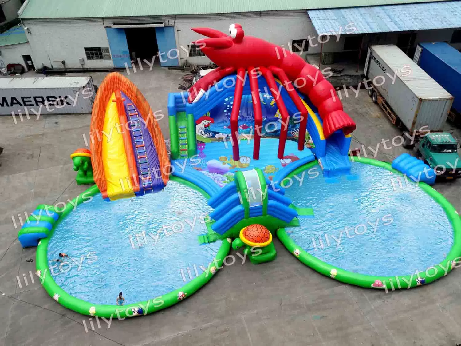 shrimp inflatable water park with 2 pools