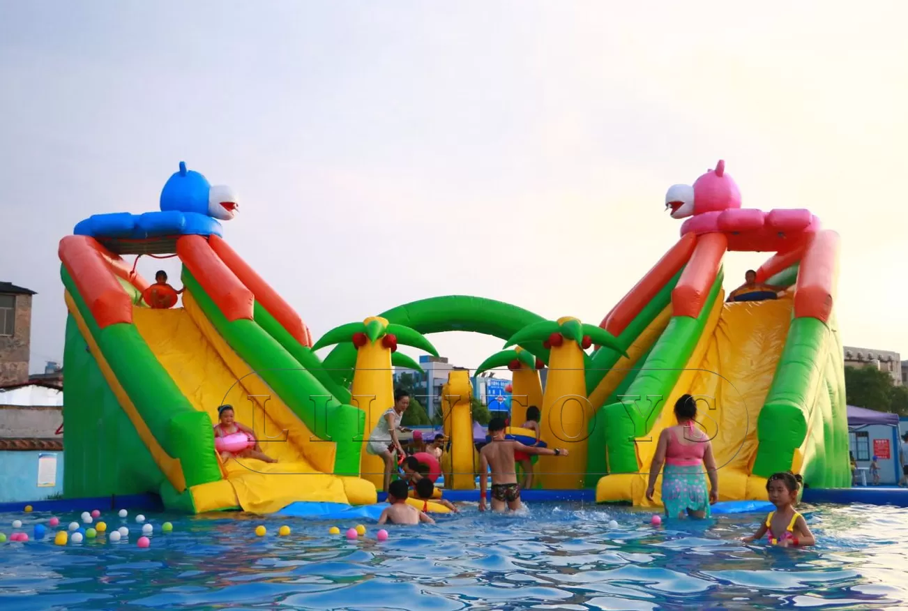 hippo inflatable water park with 2 pools for kids