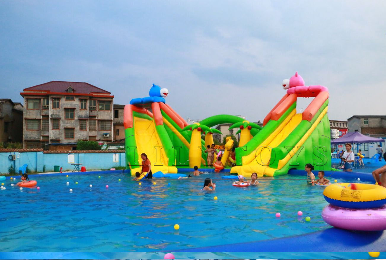 hippo inflatable water park with 2 pools for kids