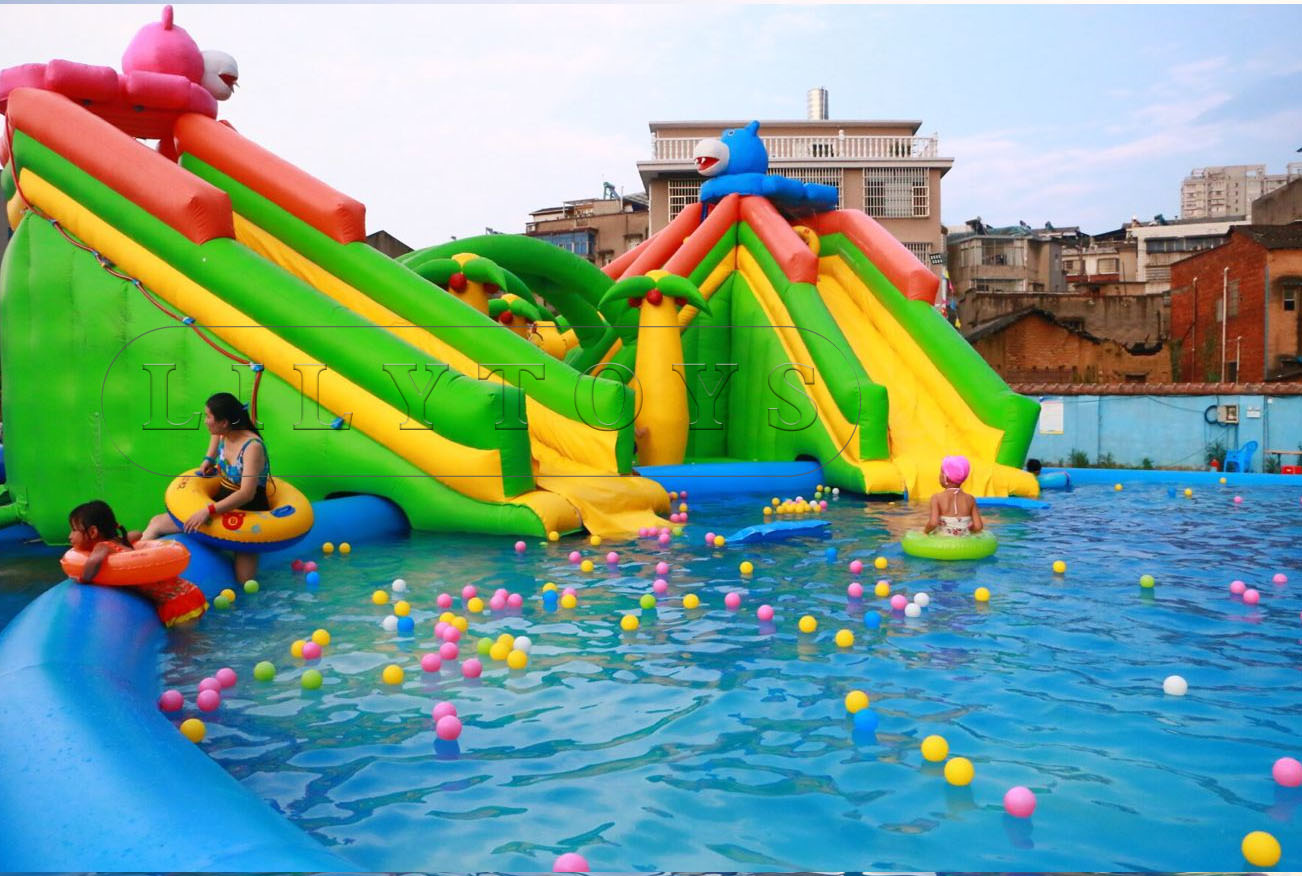 hippo inflatable water park with 2 pools for kids