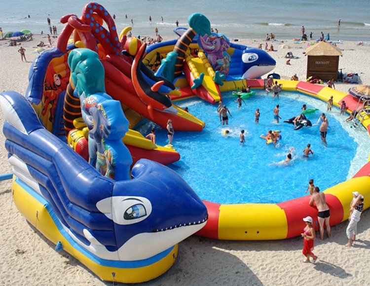 happy dophin big inflatable water park slide with pool