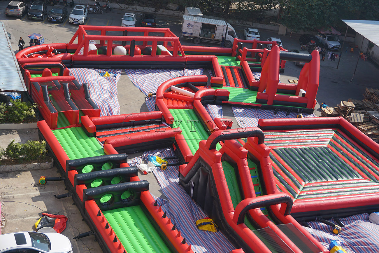 Red inflatable obstacle course