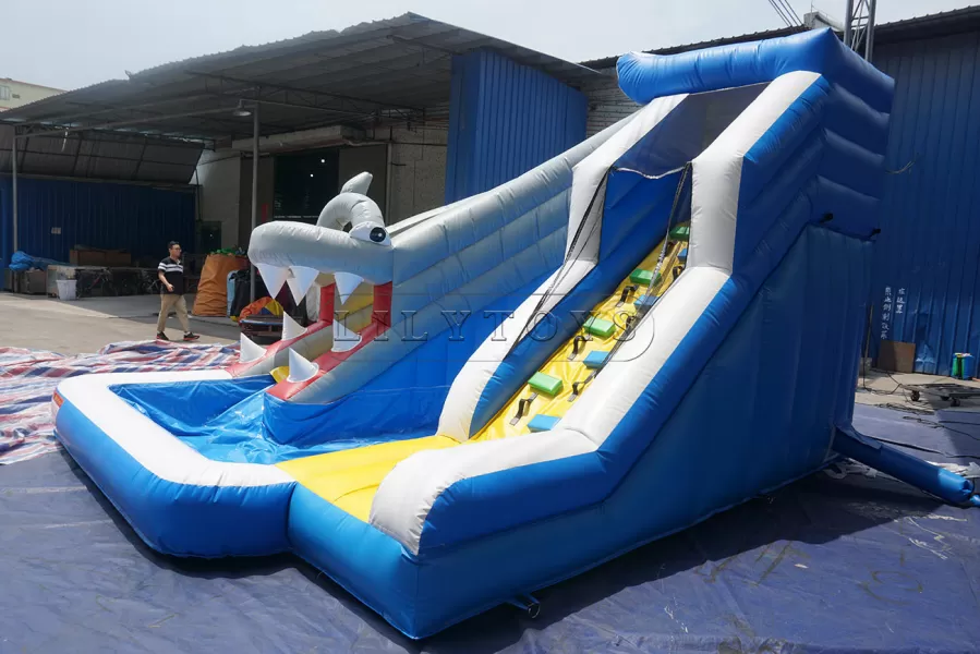 Shark shaped bounce house castle splash water slide pool