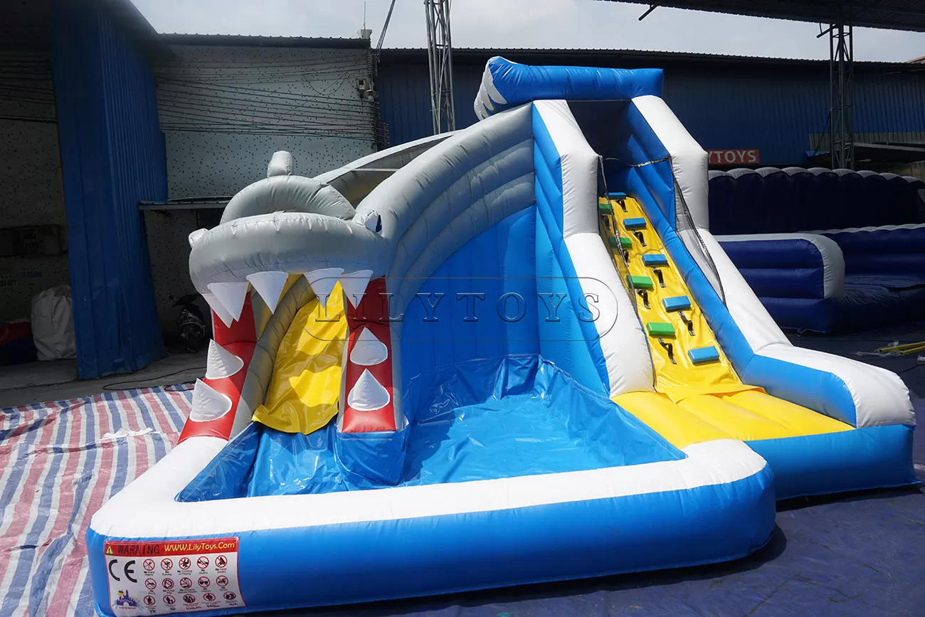 Shark shaped bounce house castle splash water slide pool