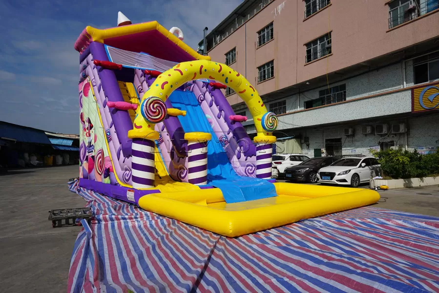New design candy inflatable water slide with pool