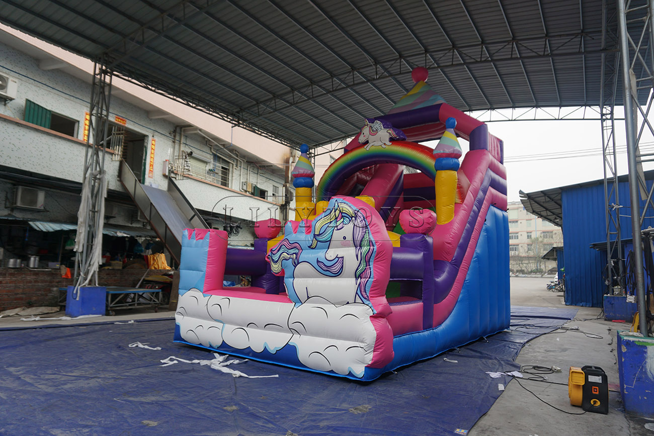 Pink unicorn inflatable dry slide for kids