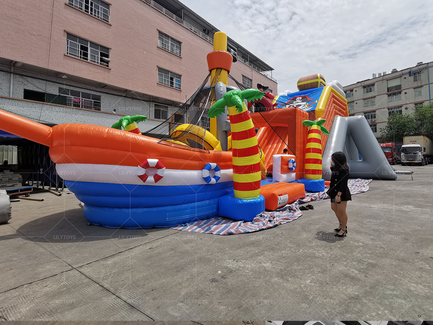 large pirate boat  inflatable slide for kids with bounce castle