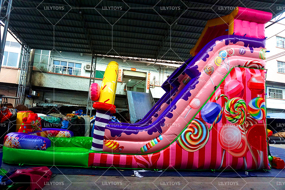 pink candy inflatable slide with pool
