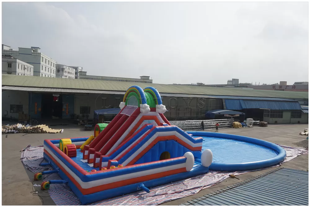 Big inflatable water slide with pool