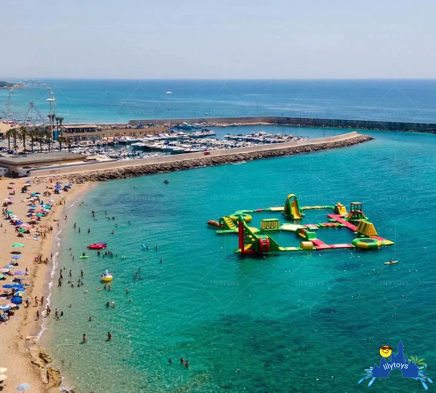 New floating water park water slide on sea