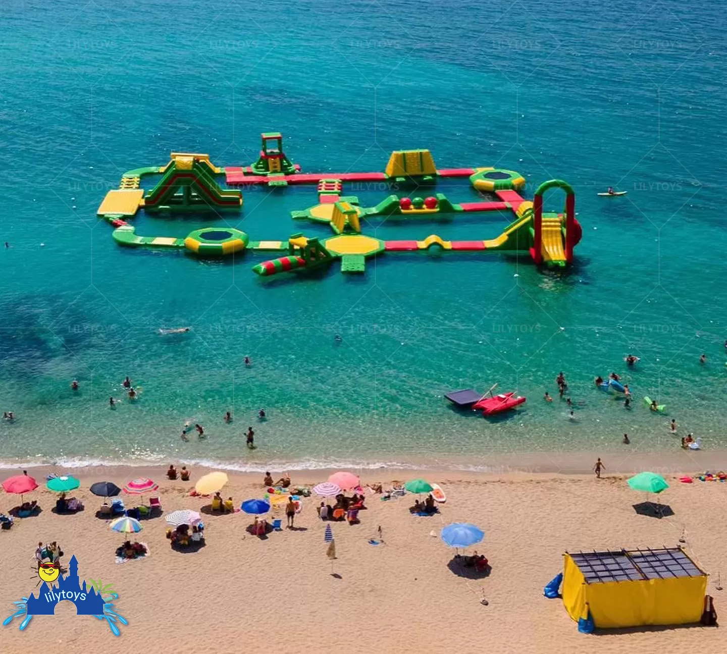 New floating water park water slide on sea