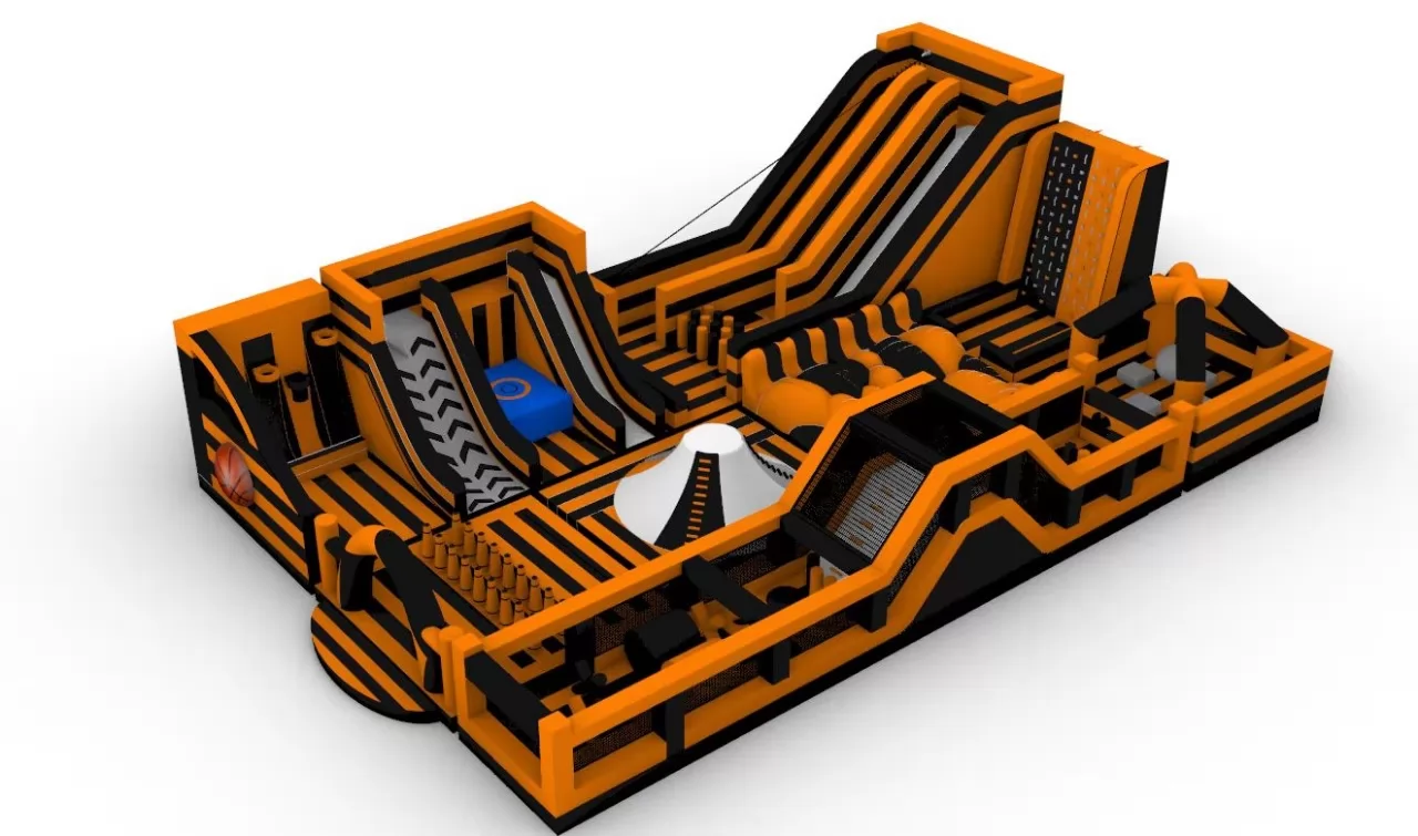 orange inflatable  bounce with zipline