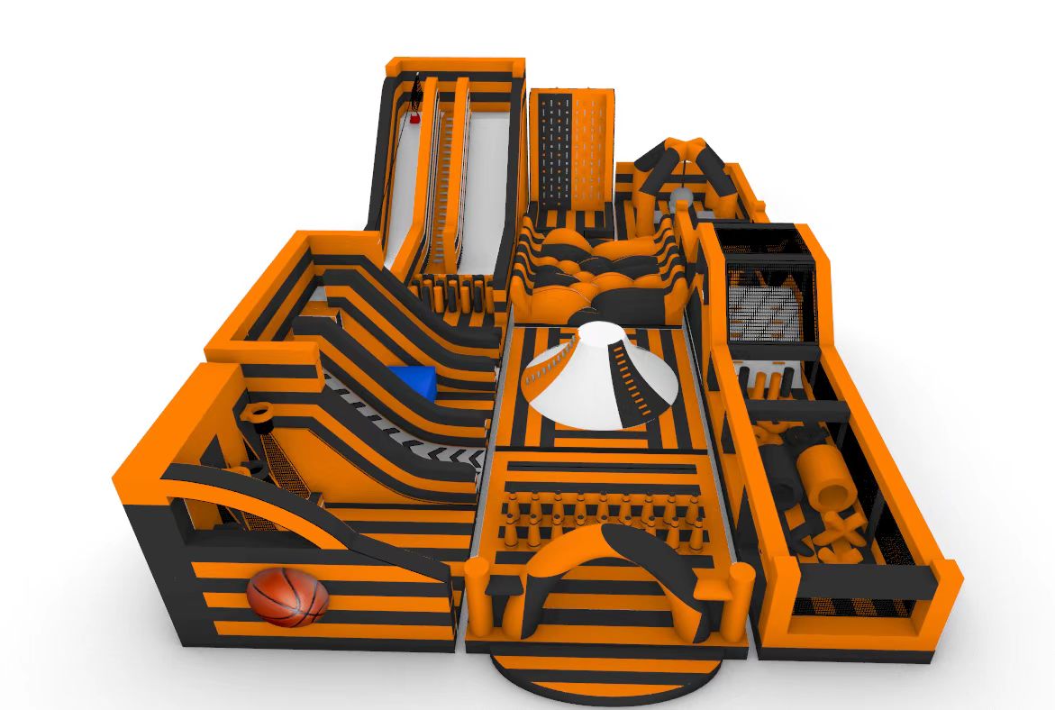 orange inflatable  bounce with zipline