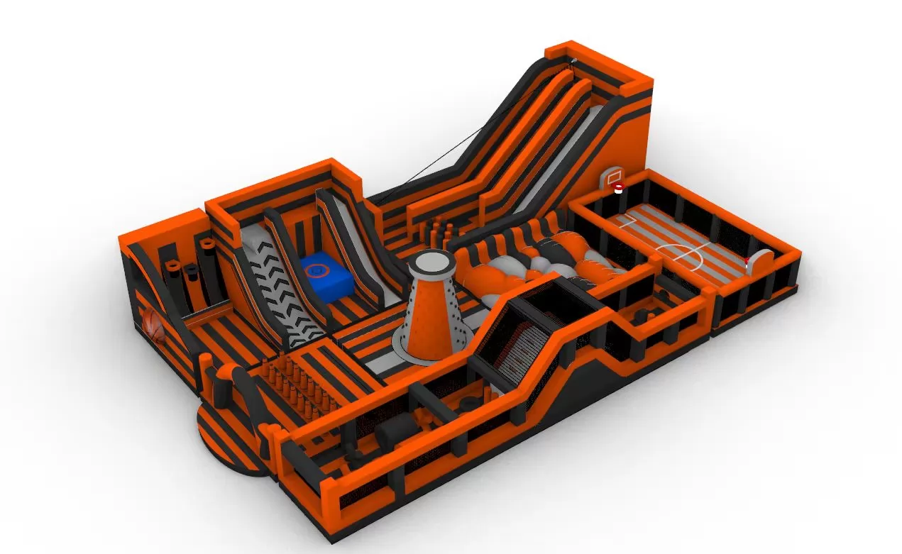 orange inflatable  bounce with zipline