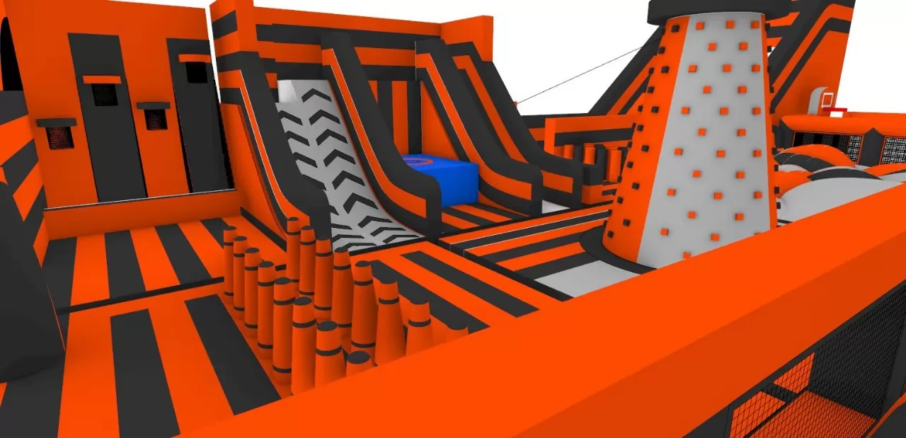 orange inflatable  bounce with zipline
