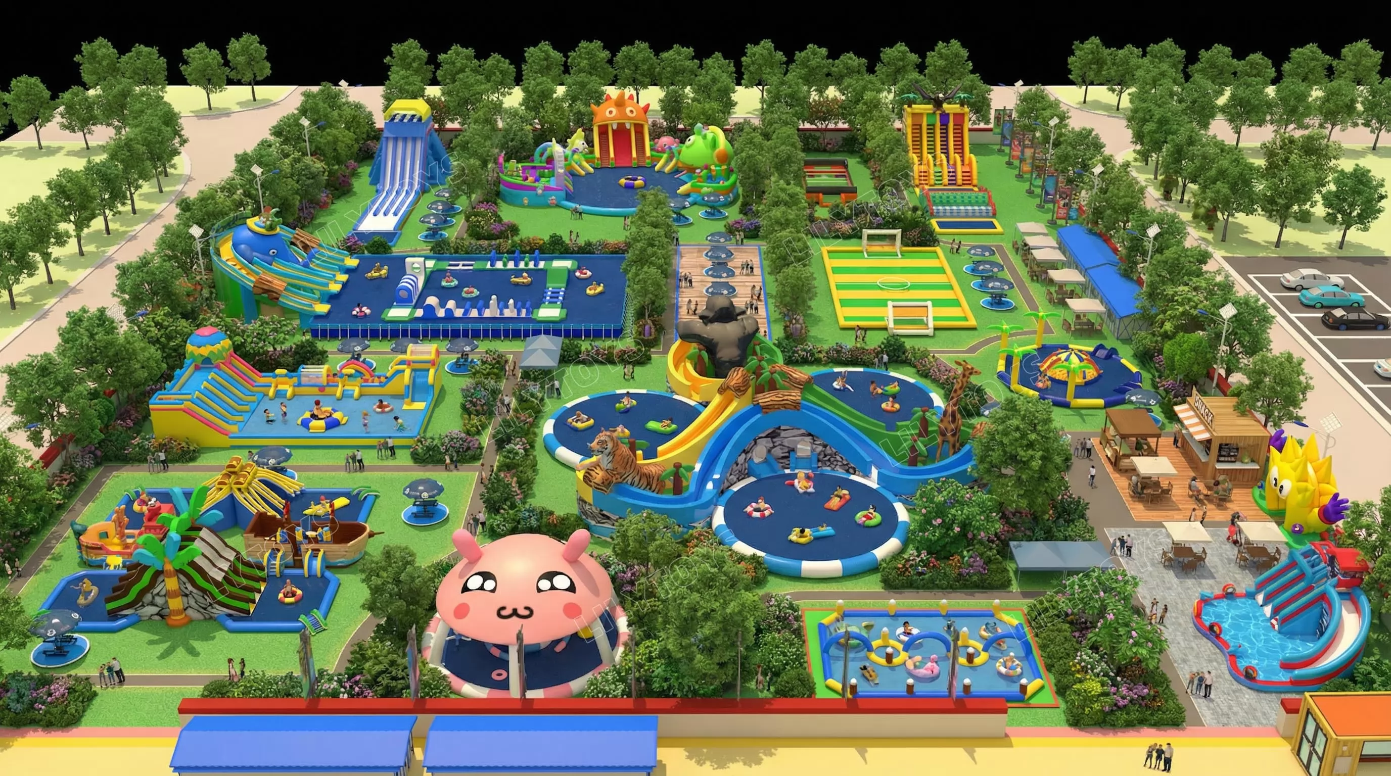 Water park giant with pool and slide