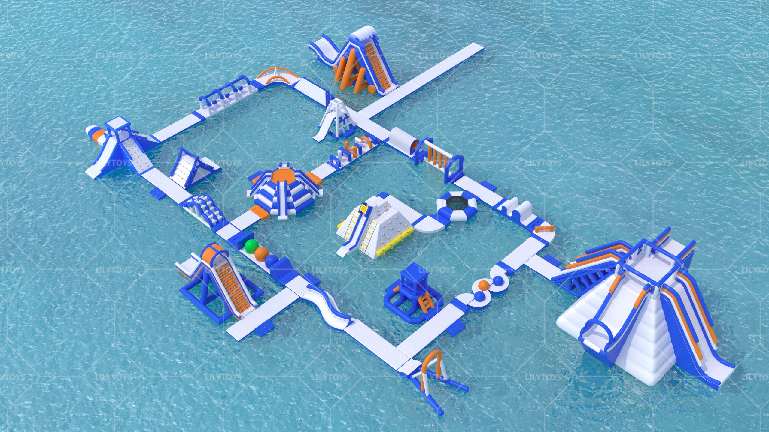 big inflatable water obstacle course with big towers and slide