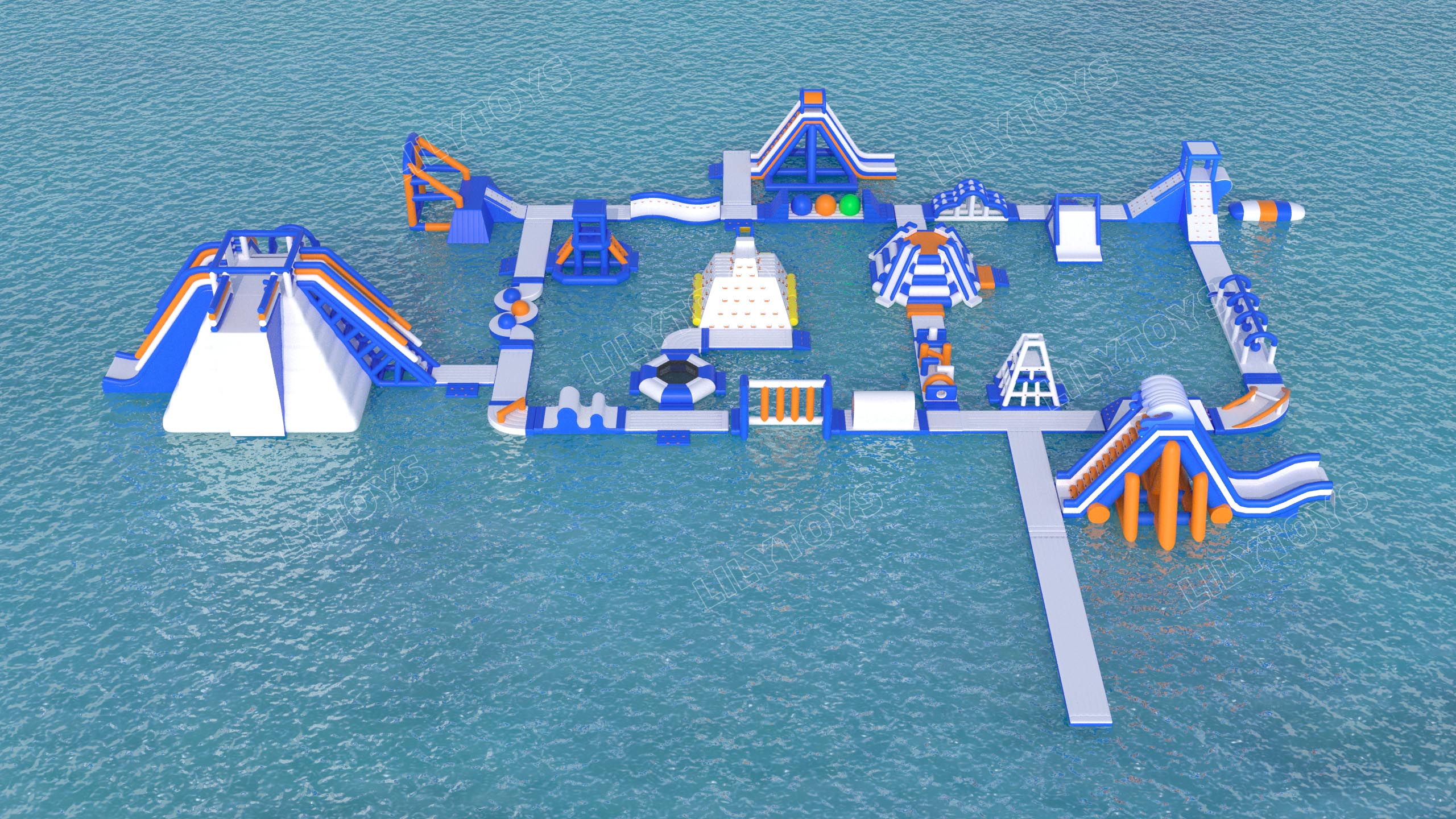 big inflatable water obstacle course with big towers and slide