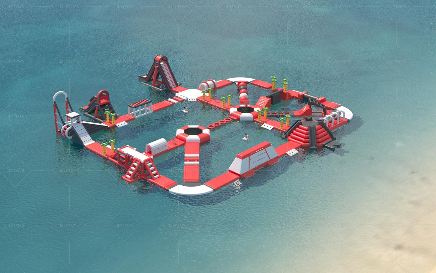 red and black  inflatable water obstacle course for lake