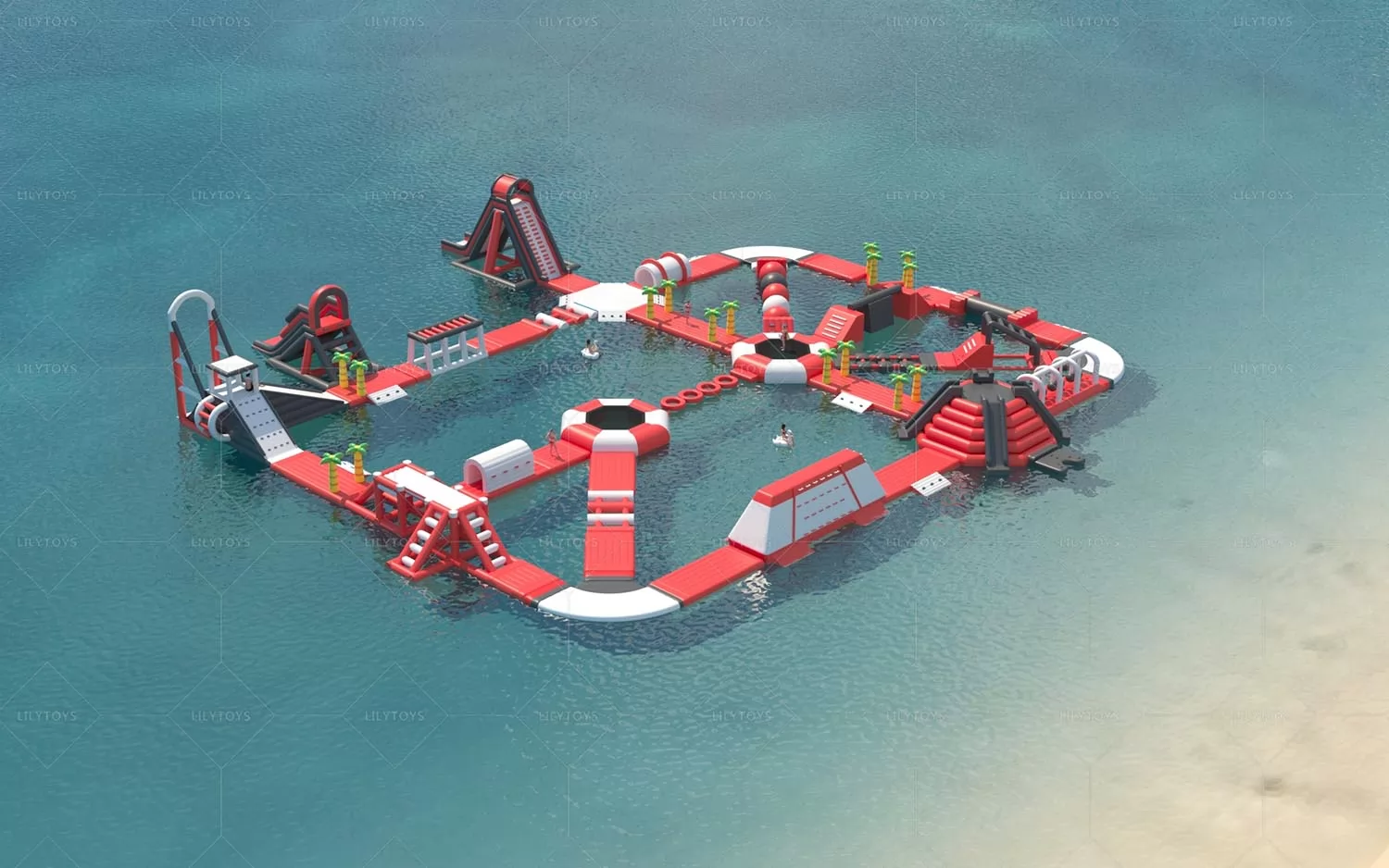 red and black  inflatable water obstacle course for lake