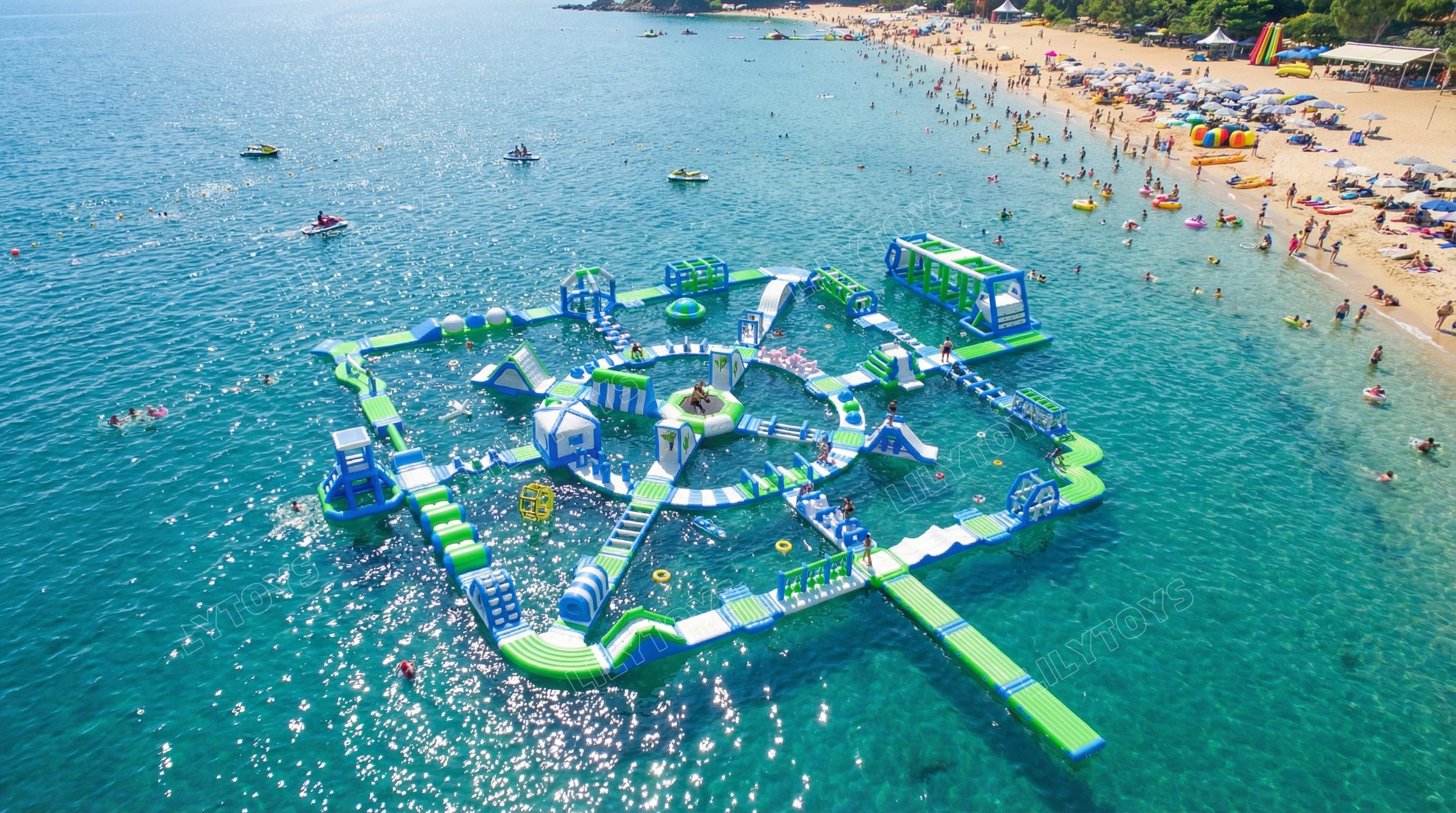 Green inflatable water park water obstacle course