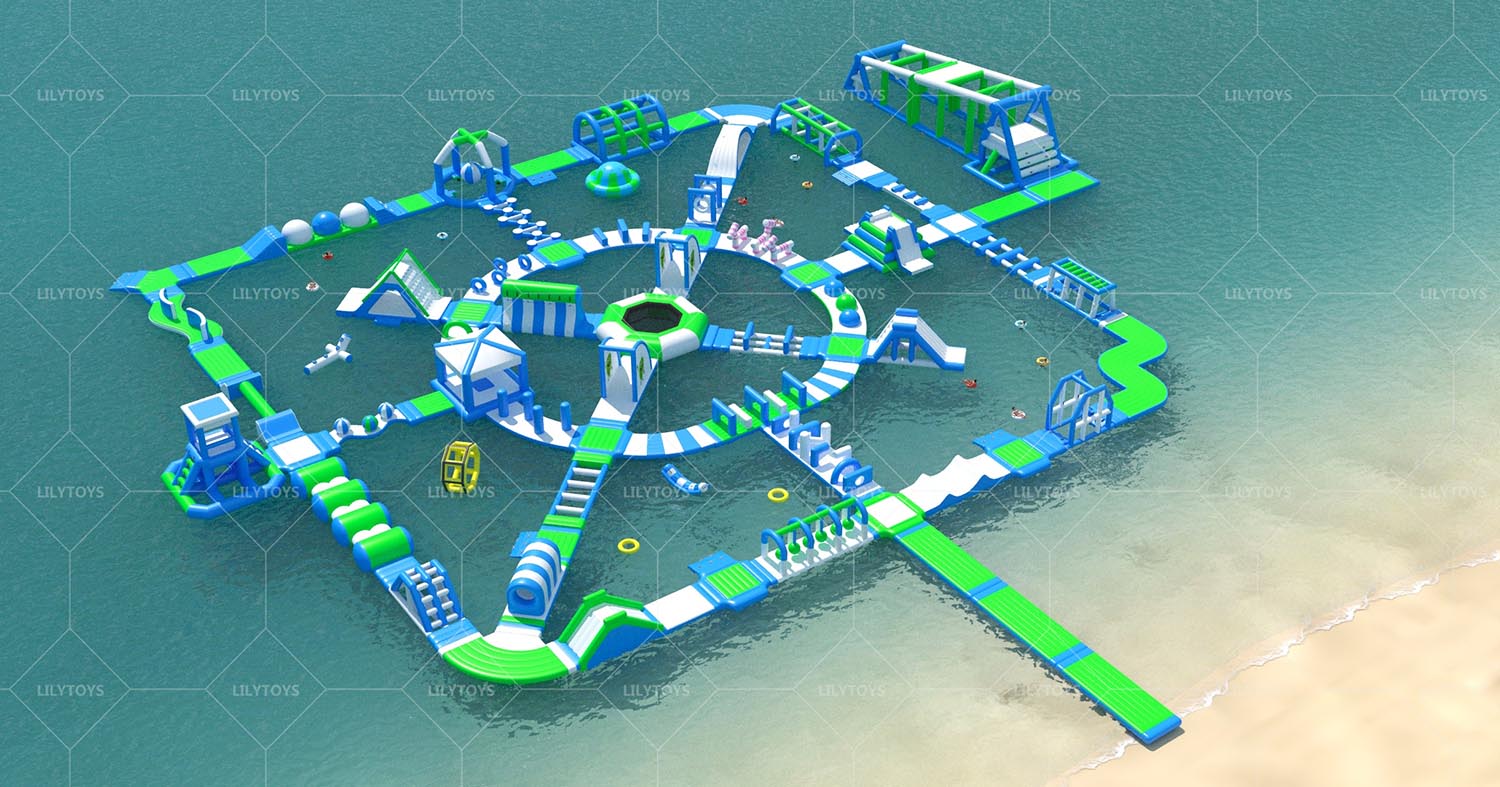 Green inflatable water park water obstacle course