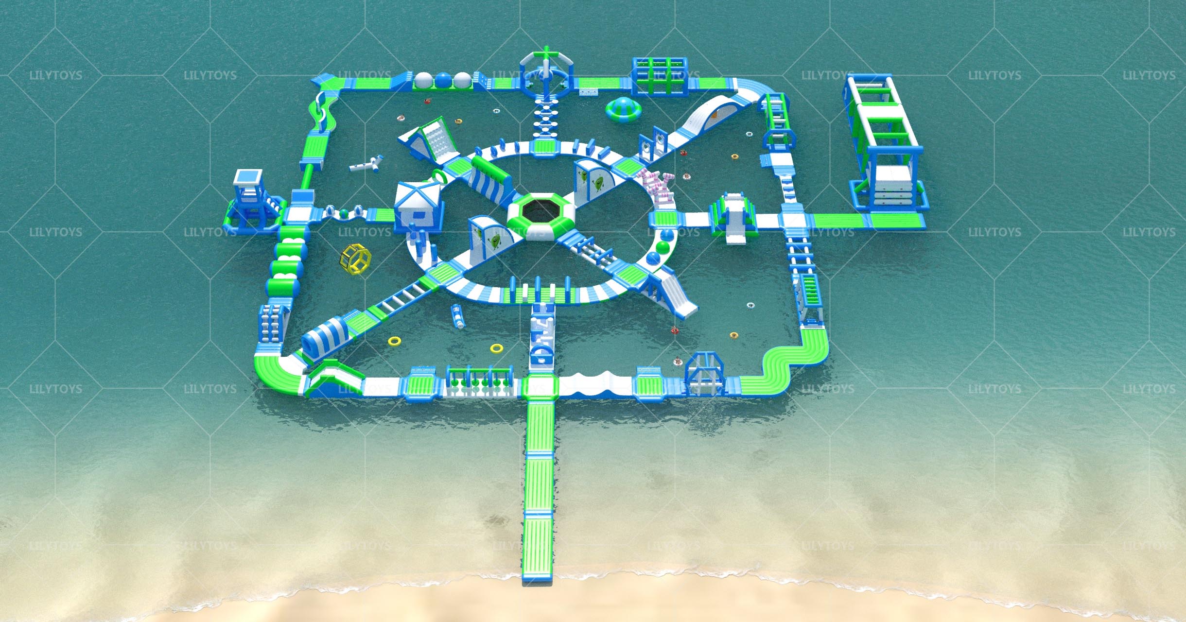 Green inflatable water park water obstacle course